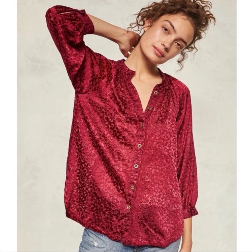 Anthropologie Susanna Burnout Velvet Blouse size small deep red sheer beautiful